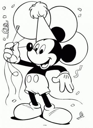 Mickey Mouse with Balloons and Party Hat Coloring Page