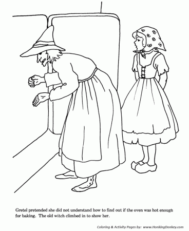 Hansel and Grettle fairy tale story coloring pages | Grettle pushed witch  in the oven story - Coloring story Pages | HonkingDonkey