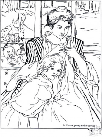 Cassat youg mother sewing - Masterpieces Adult Coloring Pages