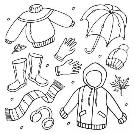 Autumn clothing outline vector set. Raincoat, rubber boots, open umbrella,  scarf, hat, headphones, gloves, leaves. Rainy season set. Doodle isolated  on white background for coloring book 3722853 Vector Art at Vecteezy