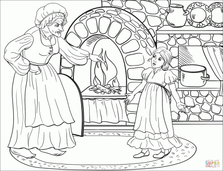 The Witch Asks Gretel to Check If the Oven is Properly Heated, but Gretel  Pretends Not to Know How to Look coloring page | Free Printable Coloring  Pages