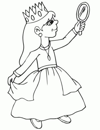 Princess Coloring Page | Young Princess Holding Mirror