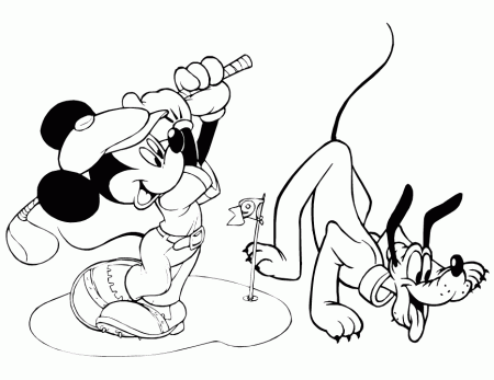 Mickey Mouse Golfing With Pluto Coloring Page | HM Coloring Pages
