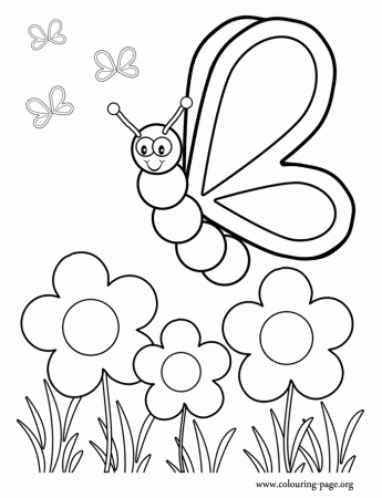 Butterflies - A beautiful butterfly watching the flowers coloring page