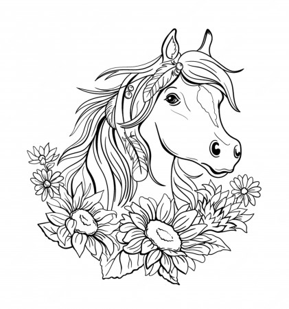 Premium Vector | Horse with sunflowers coloring page isolated outline for  coloring book. line art. white and black
