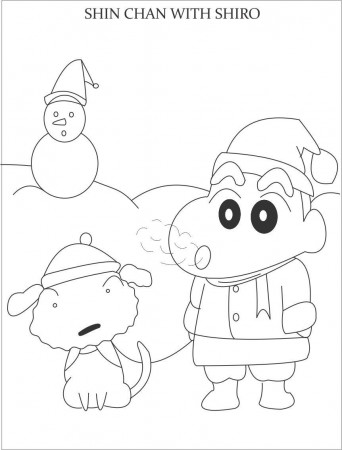 Shin chan and snowman coloring page for kids