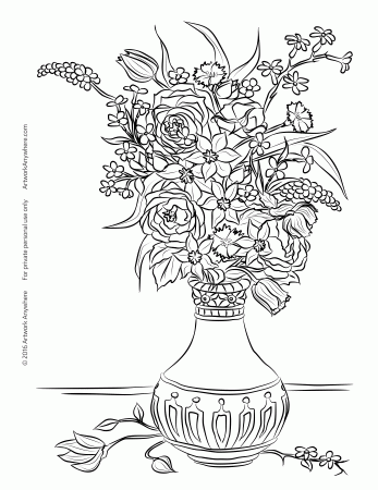 Flower Bouquet in Carved Vase Free Coloring Page | ArtworkAnywhere