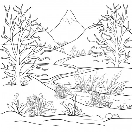 Coloring Book Mountain peaks with valley to print and online