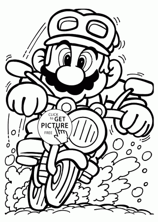 Mario on motorcycle coloring pages for kids, printable free