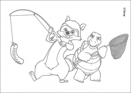 Over the Hedge coloring book pages - Verne the turtle and RJ the 