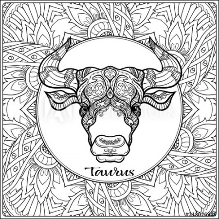 Taurus, bull, ox. Decorative zodiac sign on pattern background. Outline  hand drawing. Good for coloring page for the adult coloring book Stock  vector illustration. Stock Vector | Adobe Stock