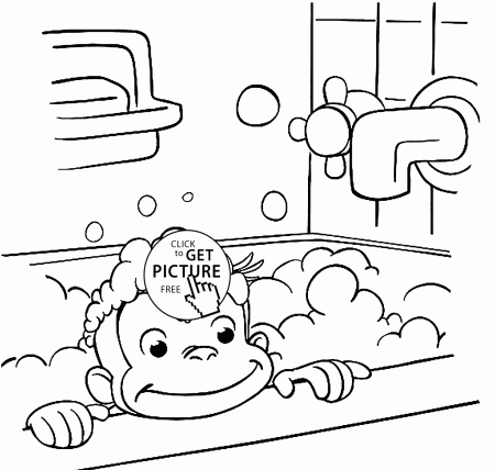 Curious George is bathing coloring pages for kids, printable free ...