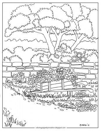 Coloring Pages for Kids by Mr. Adron: Wheelbarrow of flowers in garden  printable coloring page.