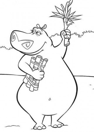 Gloria the Hippo Holding a Tree Branch in Madagascar Coloring Page ...