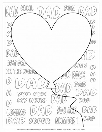 Father's Day - Coloring Page - Big Heart Balloon For Dad | Planerium