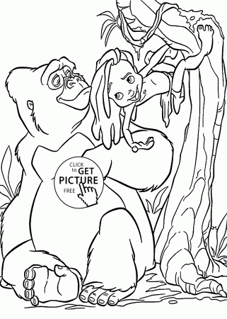 Little Tarzan with mom gorilla coloring pages for kids, printable ...