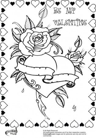 Coloring Pages Of Roses And Hearts within title Rose Valentine ...