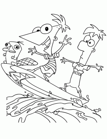 Phineas And Ferb Surfing Coloring Page | H & M Coloring Pages