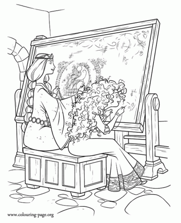 Brave - Merida sewing the tapestry with his mother coloring page