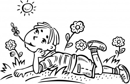 coloring page of a boy daydreaming in a field - Coloring Point