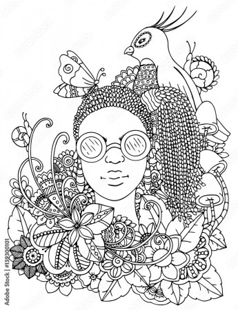 Vector illustration zentangl girl with African braids in the flowers.  Doodle drawing pen. Coloring page for adult anti-stress. Black and white.  Stock Vector | Adobe Stock