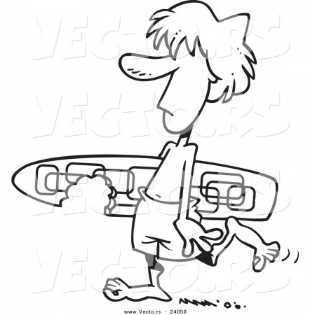 Vector of a Cartoon Surfer Dude Carrying a Shark Bitten Board - Coloring  Page Outline by toonaday - #24050