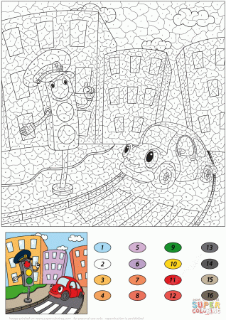 Traffic Light and Funny Car Color by Number coloring page | Free ...