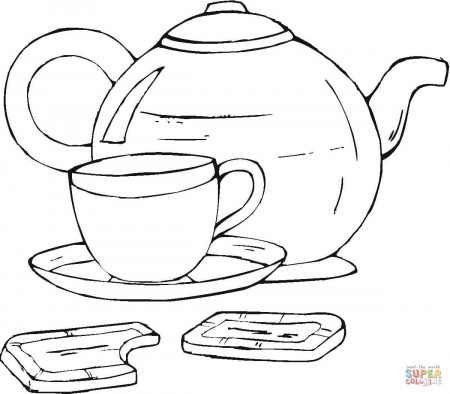Teapot and Cup Of Tea with cookies coloring page | Free Printable ...