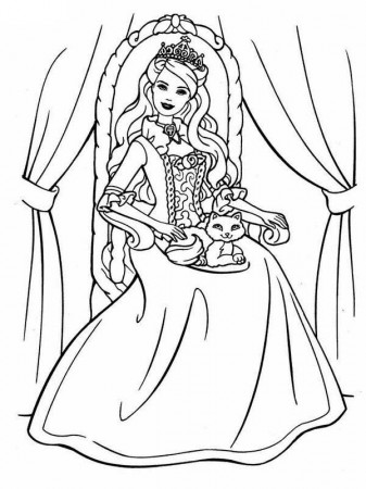 Barbie Princesses Sitting with a Cat Coloring Pages | Batch Coloring