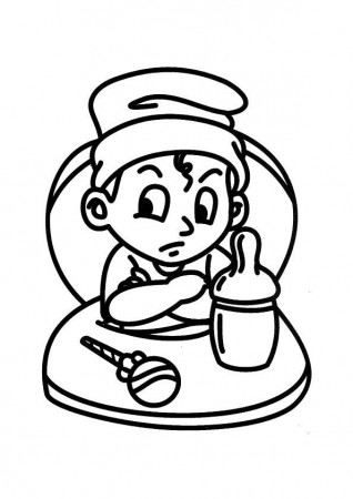 Coloring page of a cross little boy in a high chair | www ...
