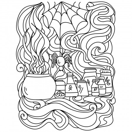 Halloween coloring page, meditative patterns, cauldron and magic potions  6899483 Vector Art at Vecteezy