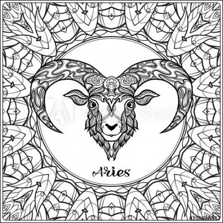 Aries, sheep. Decorative zodiac sign on pattern background. Outline hand  drawing. Good for coloring page for the adult coloring book Stock vector  illustration. Stock Vector | Adobe Stock