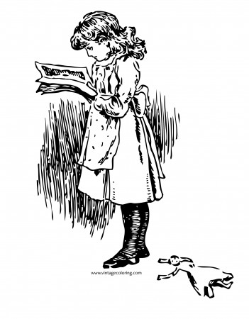 Reading Girl - A Free Vintage Coloring Page