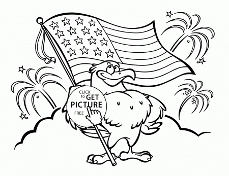 Funny Eagle with Flag of America coloring page for kids, coloring ...