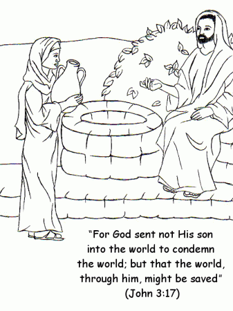 The Woman at the Well - Coloring Page with Bible Verse John 3:17