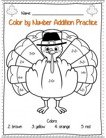 First Grade Thanksgiving Math Addition Color By Number Pages