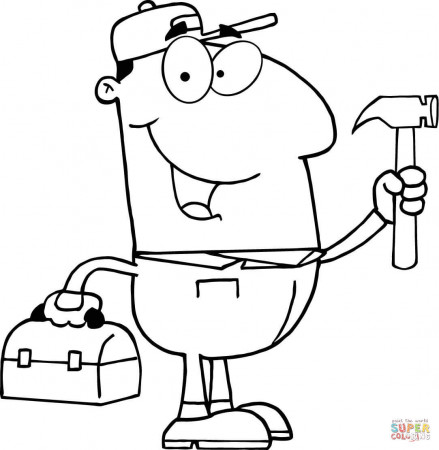 Construction Worker with Hammer and Tool Box coloring page | Free Printable Coloring  Pages