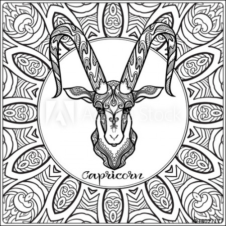 Capricorn, goat. Decorative zodiac sign on pattern background. Outline hand  drawing. Good for coloring page for the adult coloring book Stock vector  illustration. - Buy this stock vector and explore similar vectors