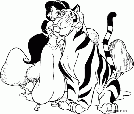 Princesa-con-el-tigre-en-el Aladdin PRINTABLE COLORING PAGES FOR KIDS.