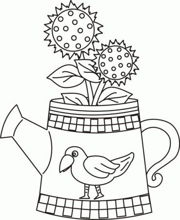 Watering Can with Sunflowers and Crow Coloring Page | Greatest 
