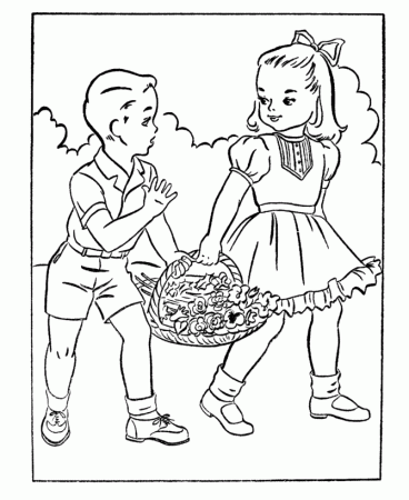 Kids Valentine's Day Coloring Pages - Kids collecting flowers on 