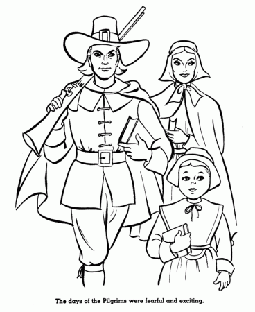 The First Thanksgiving Coloring page sheets: Pilgrim Life in 