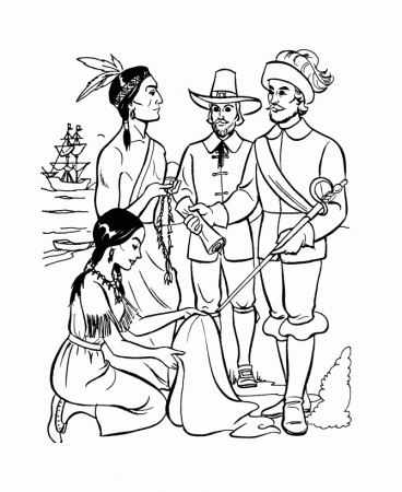 The First Thanksgiving Coloring page sheets: Pilgrims Trade for 