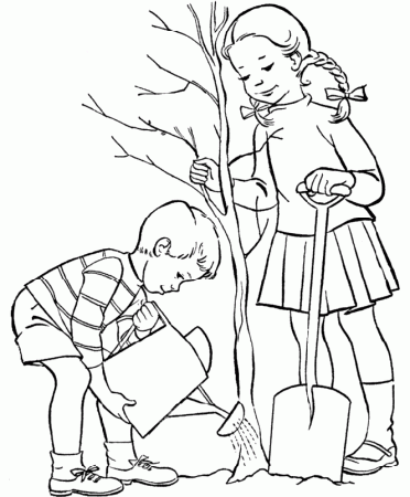 Boy And Girl Planting Trees Coloring Pictures - Arbor Day Cartoon 