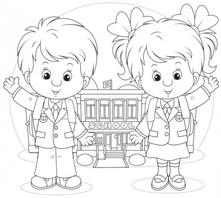 Coloring Book Girl and boy with backpack printable and online