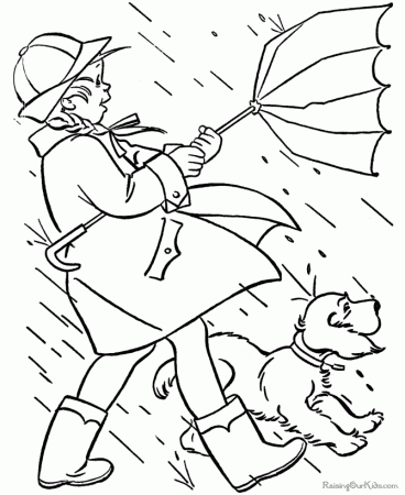 Printable rainy day a girl with umbrella and dog - Didi coloring Page