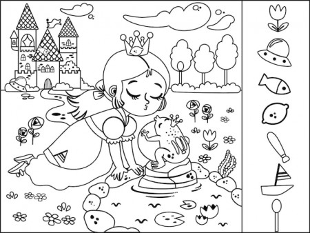 Premium Vector | Black and white hidden object game on the frog prince  story theme vector illustration for kids