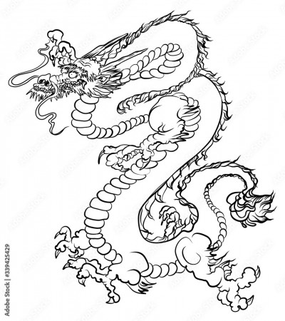 Hand drawn Silhouette dragon.Chinese dragon tattoo.Black and white  Traditional Japanese dragon.Dragon coloring book. Stock Vector | Adobe Stock