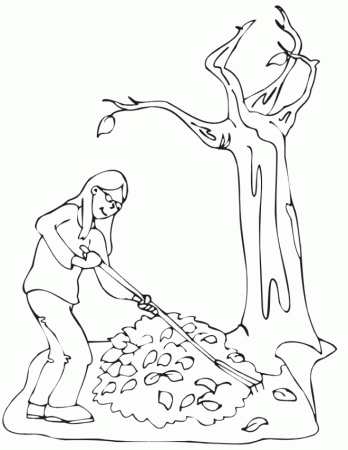 Autumn Leaves Coloring Page | Woman Raking Beside Bare Tree