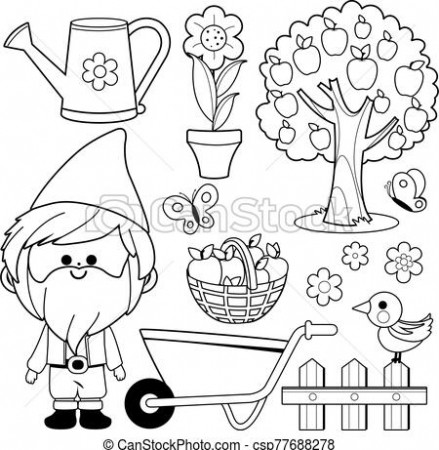Spring gardening illustration collection with garden gnome. vector black  and white coloring book page. Gardening illustration | CanStock